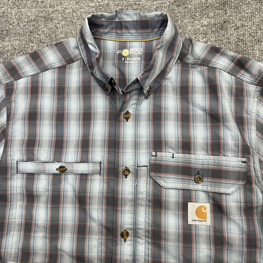 Carhartt Force Shirt Mens Small Gray Red Plaid Relaxed Fit Short Sleeve Workwear